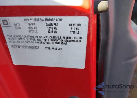 2000 Pontiac Grand Am Gt z USA, uszkodzony, nr VIN 1G2NW12E8YM800721